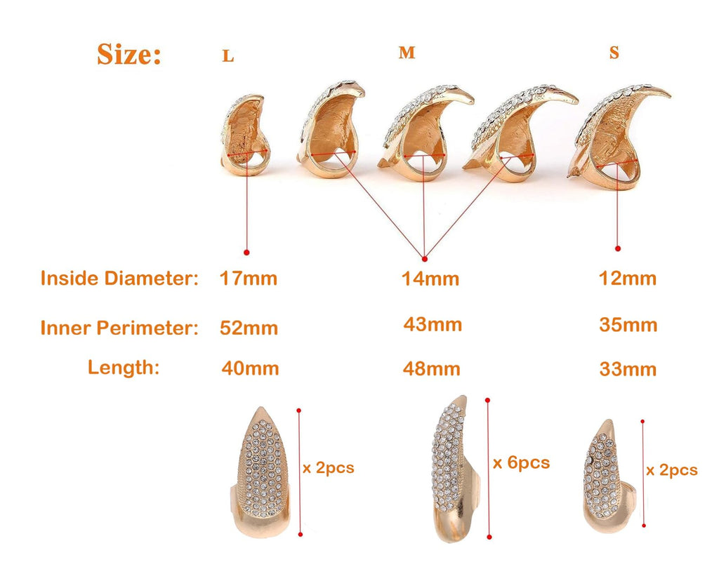 10 Pcs Gothic Punk Cosplay Sparkling Crystals Fingertip Claw Nails, 3 Sizes - Black