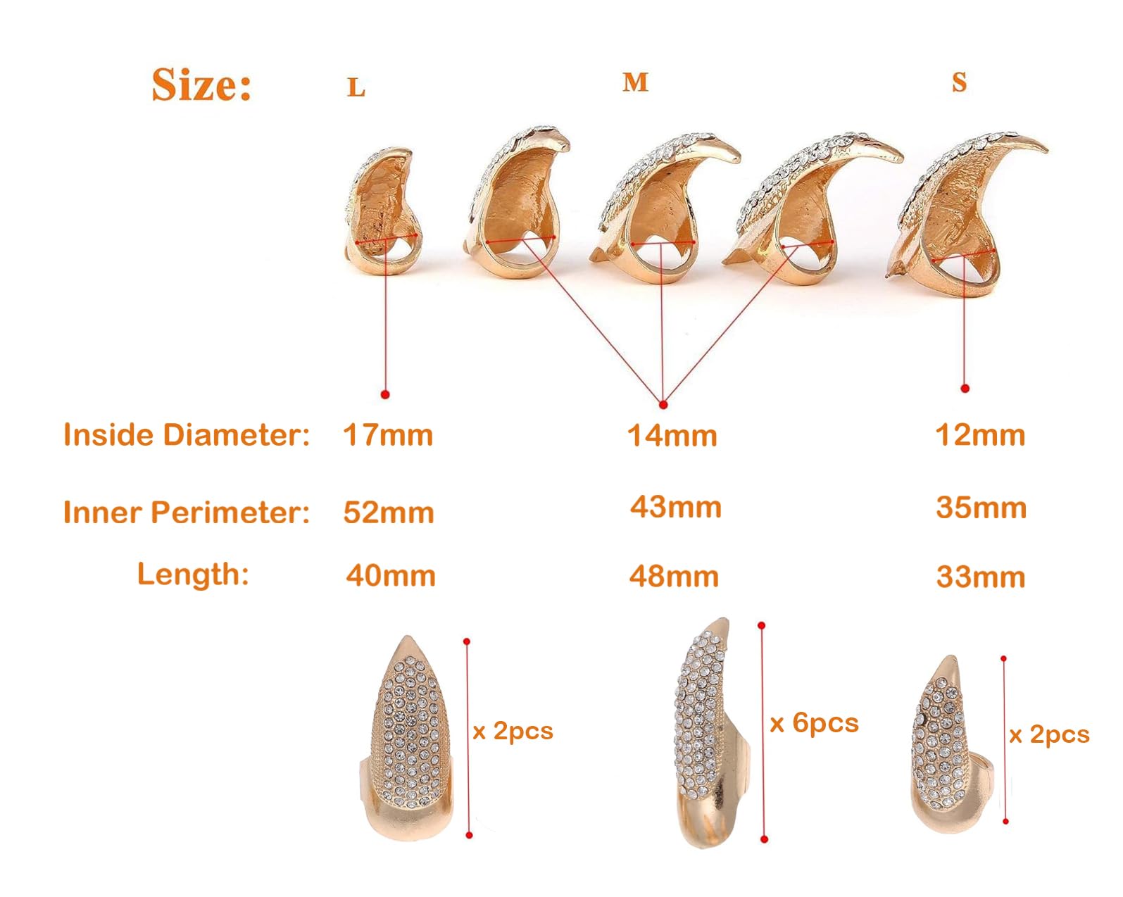 10 Pcs Gothic Punk Cosplay Sparkling Crystals Fingertip Claw Nails, 3 Sizes - Black