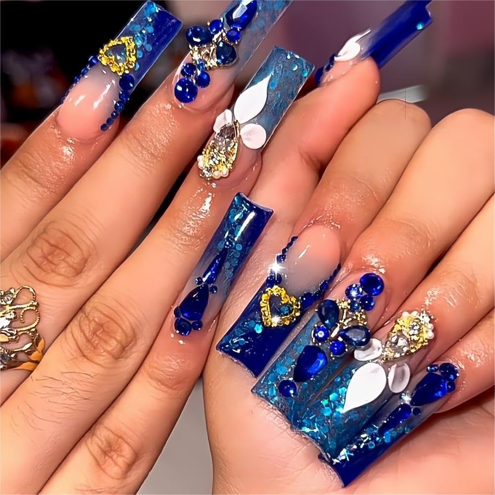 Royal Blue Acrylic Faux Nails with Rhinestones