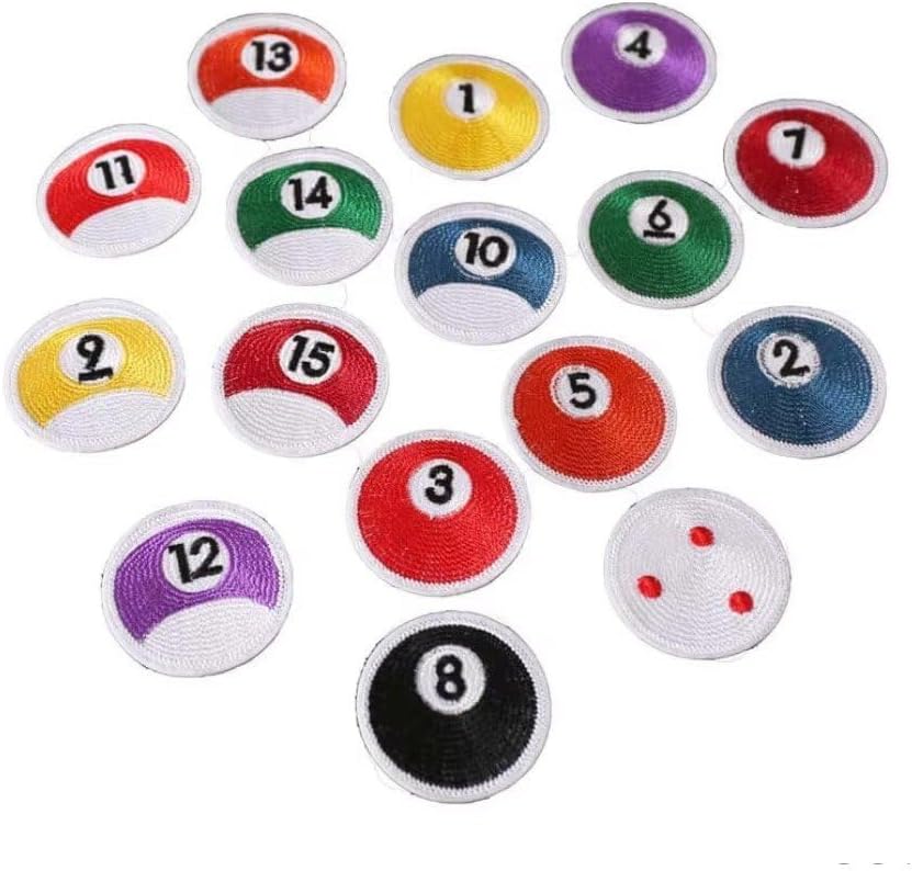 Billiard Ball Embroidery Patch, 16 Pcs Table Tennis Embroidered Badge Sew on Iron on Embroidered Applique Badge Patch DIY Accessory