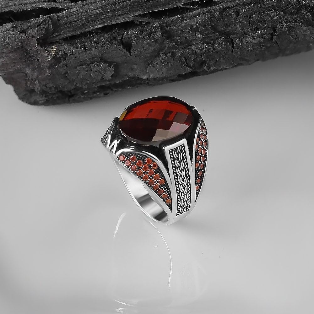 925 Sterling Silver Men's Garnet Stone Ring - Handmade,
