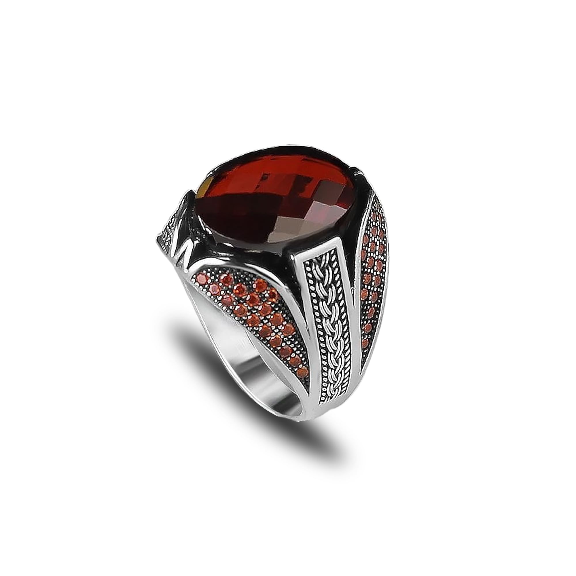 925 Sterling Silver Men's Garnet Stone Ring - Handmade,