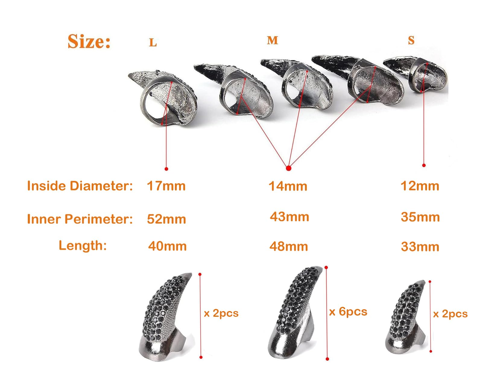 10 Pcs Gothic Punk Cosplay Sparkling Crystals Fingertip Claw Nails, 3 Sizes - Black