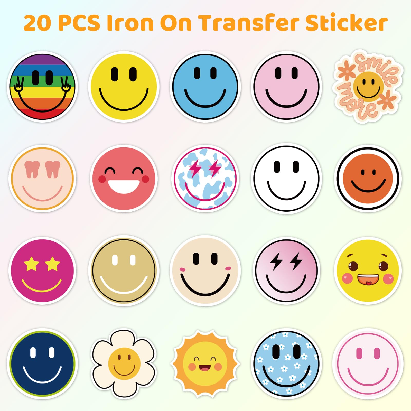 20 Sheets Smiling Iron On Transfer, Heat Transfer Iron ons Decals, Vinyl Transfer Smiling Iron on Patches, for T-Shirt Clothing ackpacks Pillow Fabric Appliques Bag DIY Decoration (2.36 Inch)