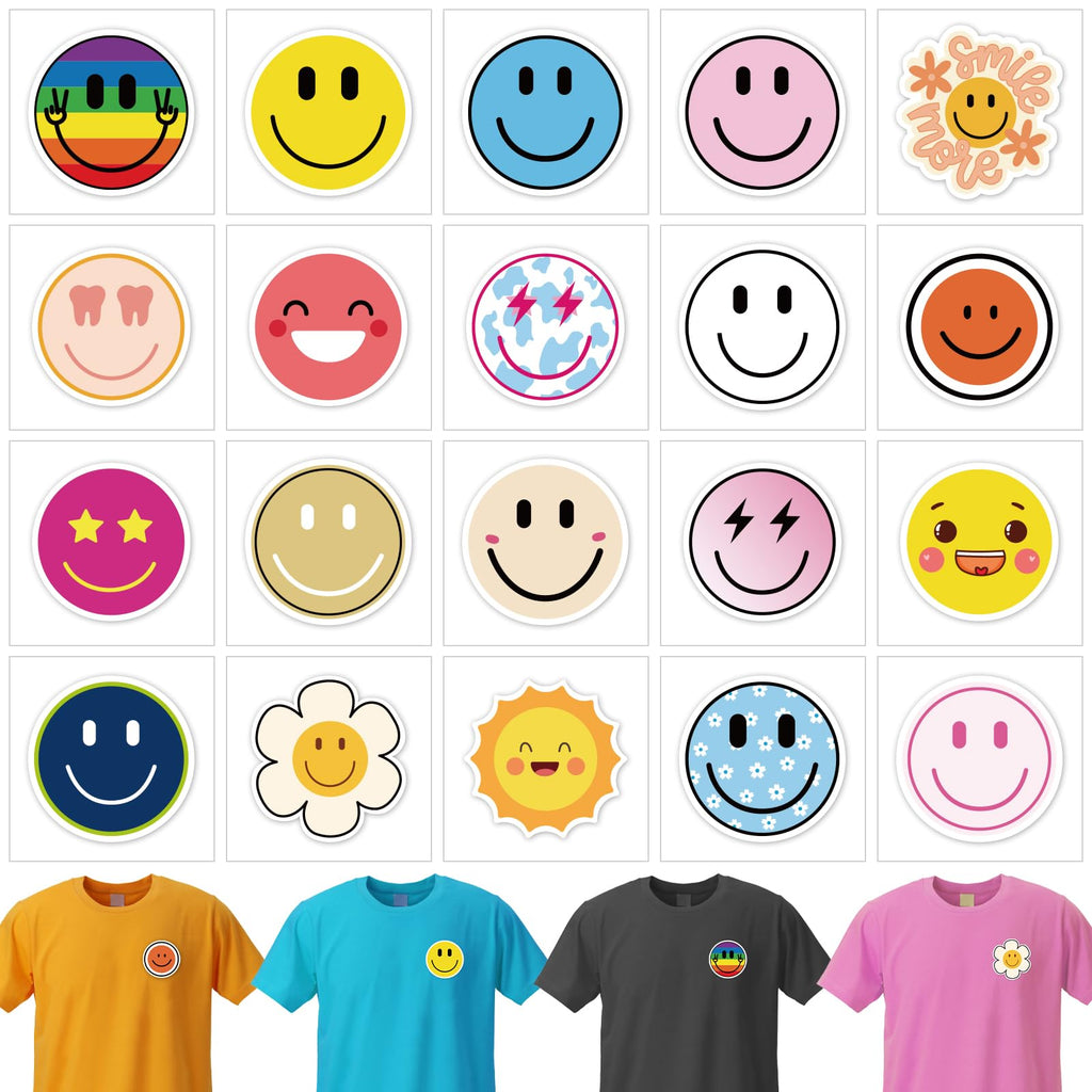 20 Sheets Smiling Iron On Transfer, Heat Transfer Iron ons Decals, Vinyl Transfer Smiling Iron on Patches, for T-Shirt Clothing ackpacks Pillow Fabric Appliques Bag DIY Decoration (2.36 Inch)