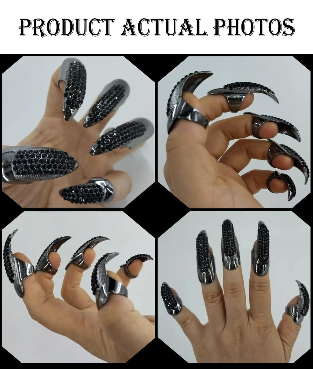 10 Pcs Gothic Punk Cosplay Sparkling Crystals Fingertip Claw Nails, 3 Sizes - Black