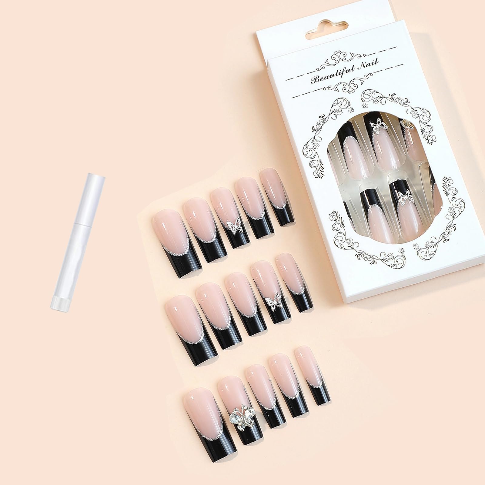 Goth Long Square Acrylic Gothic Y2K Cross Design Press On Nails