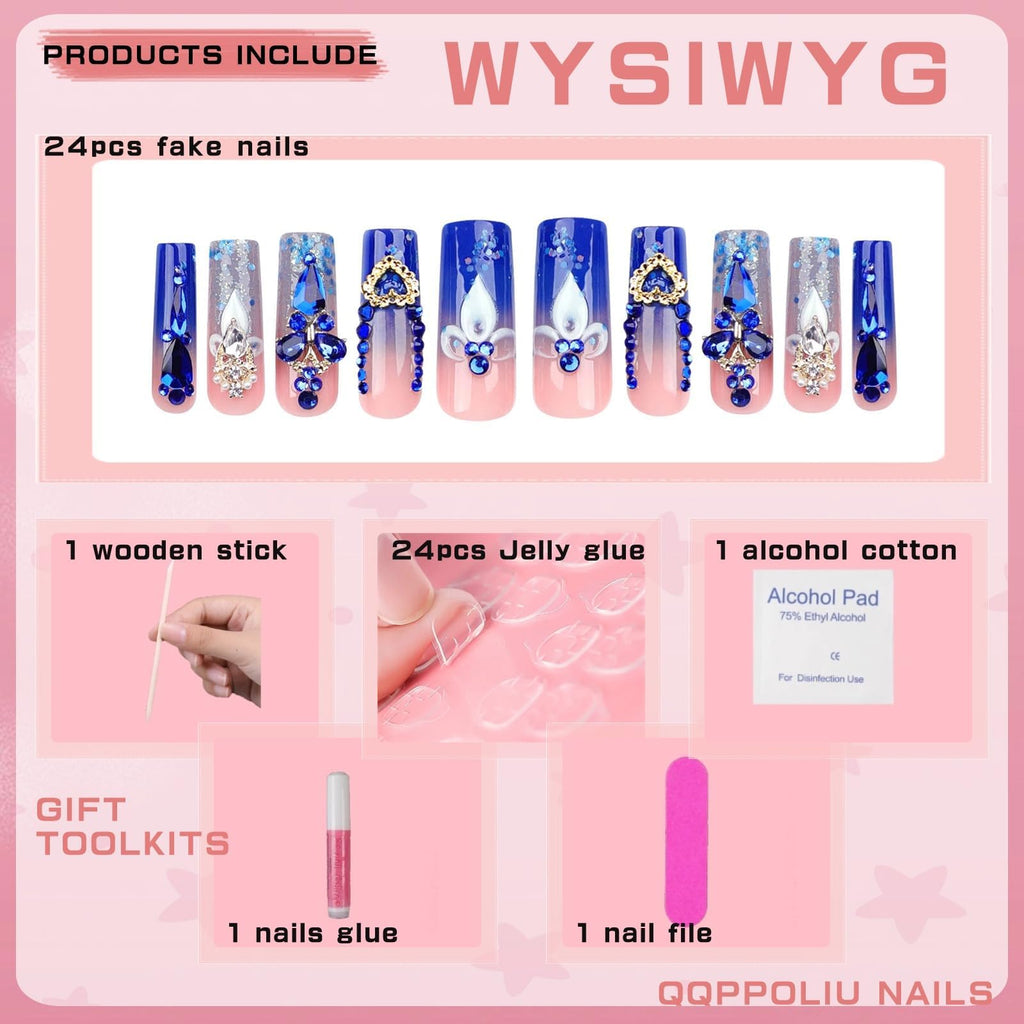 Royal Blue Acrylic Faux Nails with Rhinestones