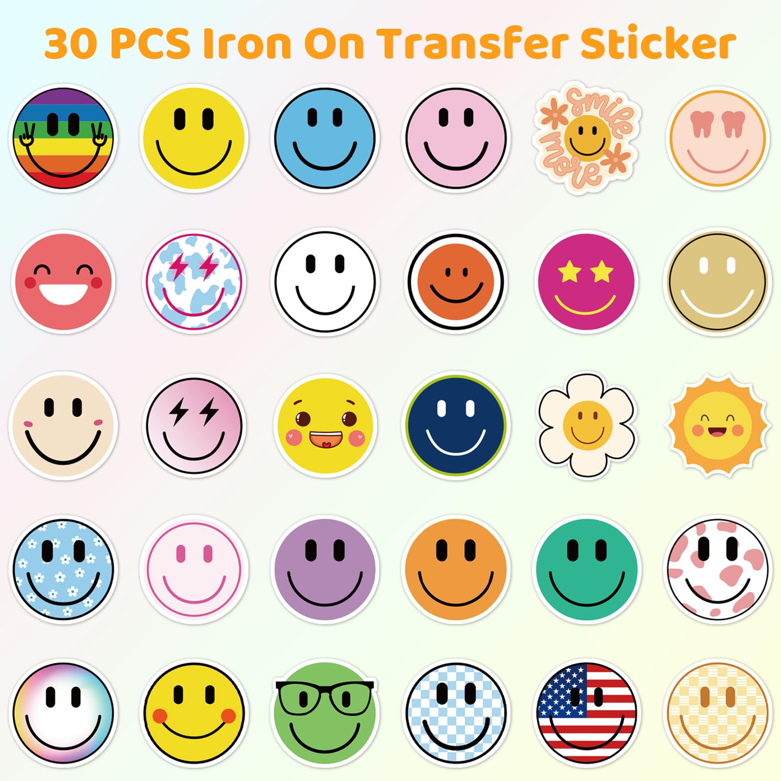 20 Sheets Smiling Iron On Transfer, Heat Transfer Iron ons Decals, Vinyl Transfer Smiling Iron on Patches, for T-Shirt Clothing ackpacks Pillow Fabric Appliques Bag DIY Decoration (2.36 Inch)