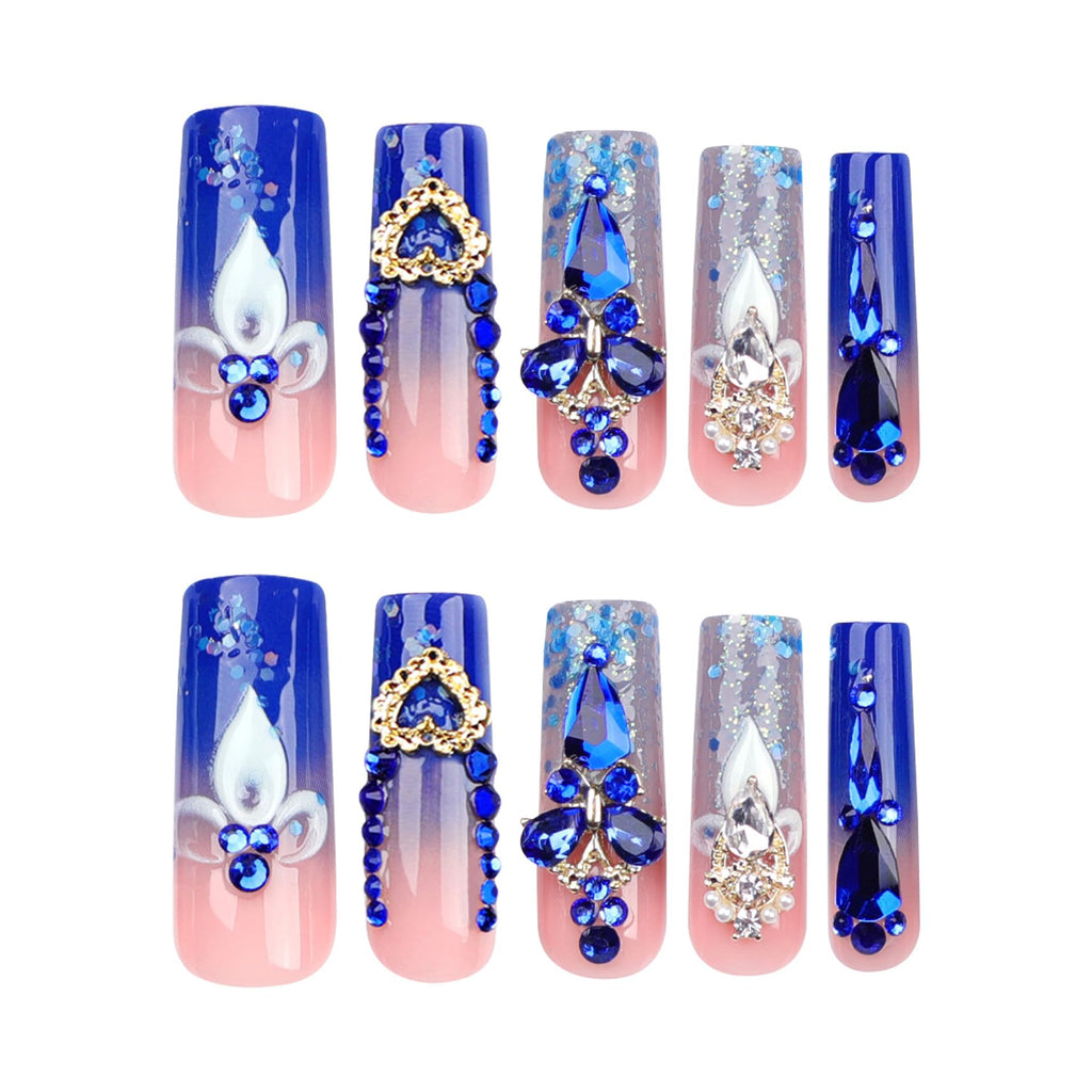 Royal Blue Acrylic Faux Nails with Rhinestones