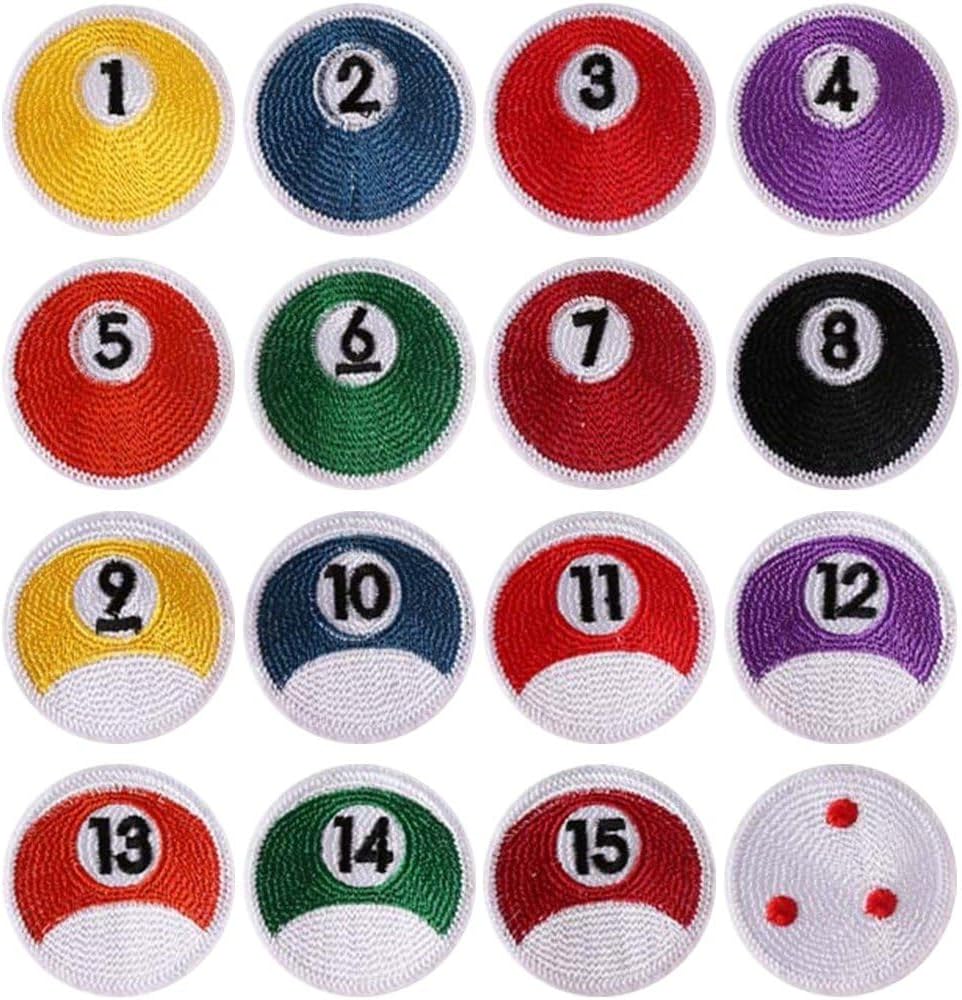 Billiard Ball Embroidery Patch, 16 Pcs Table Tennis Embroidered Badge Sew on Iron on Embroidered Applique Badge Patch DIY Accessory