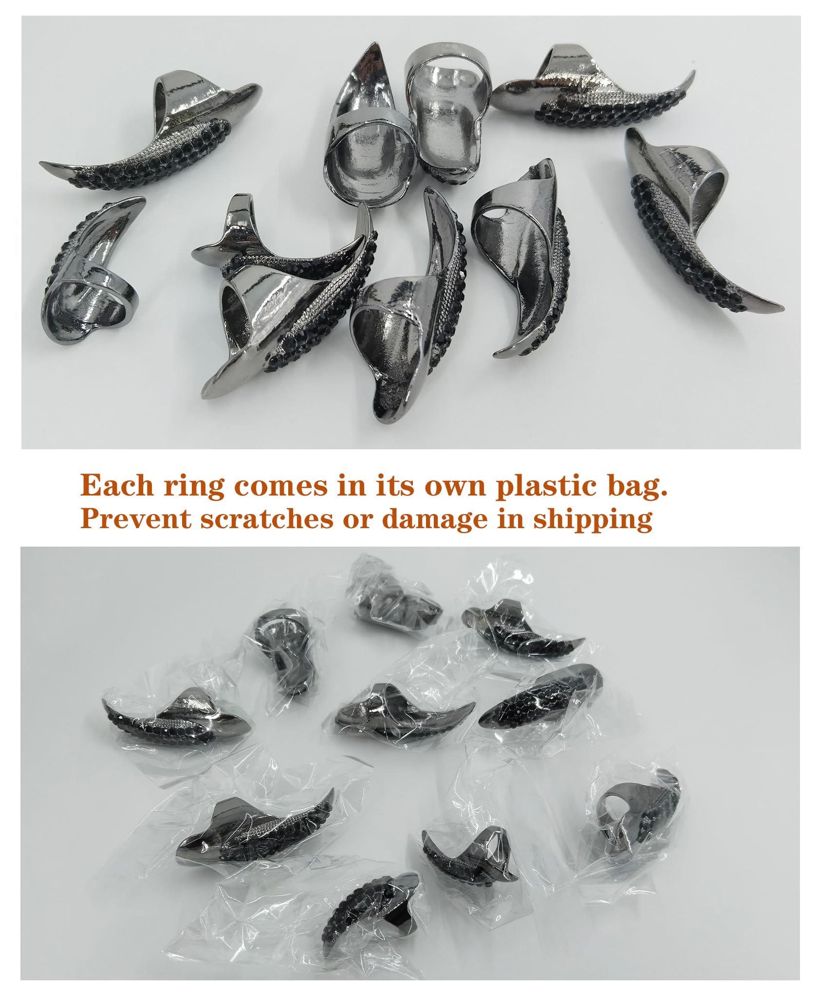 10 Pcs Gothic Punk Cosplay Sparkling Crystals Fingertip Claw Nails, 3 Sizes - Black