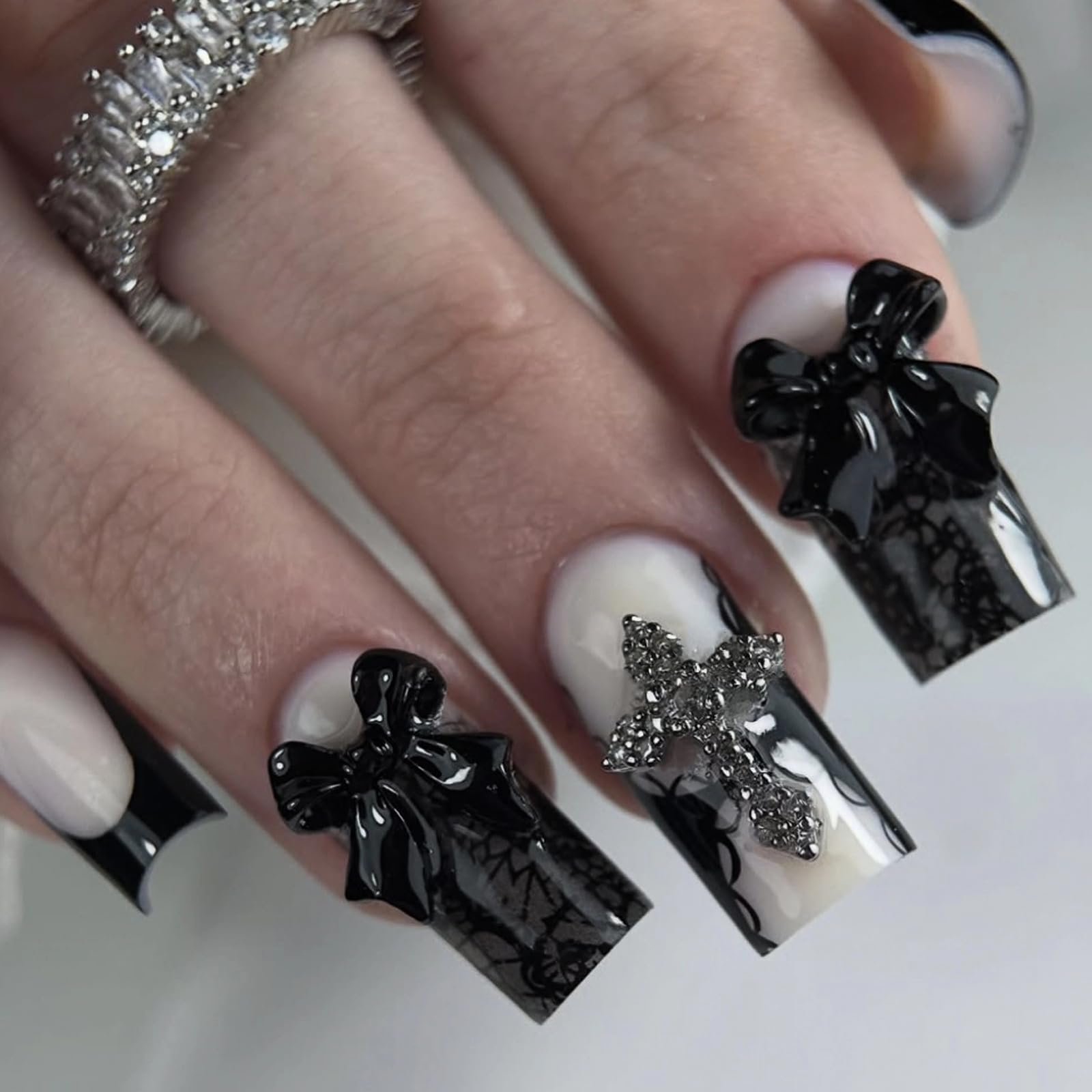 Goth Long Square Acrylic Gothic Y2K Cross Design Press On Nails