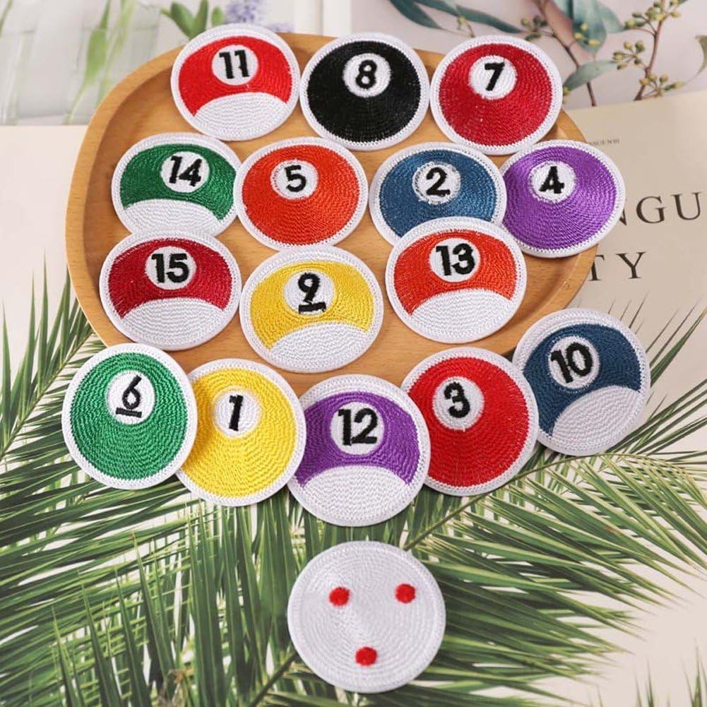 Billiard Ball Embroidery Patch, 16 Pcs Table Tennis Embroidered Badge Sew on Iron on Embroidered Applique Badge Patch DIY Accessory