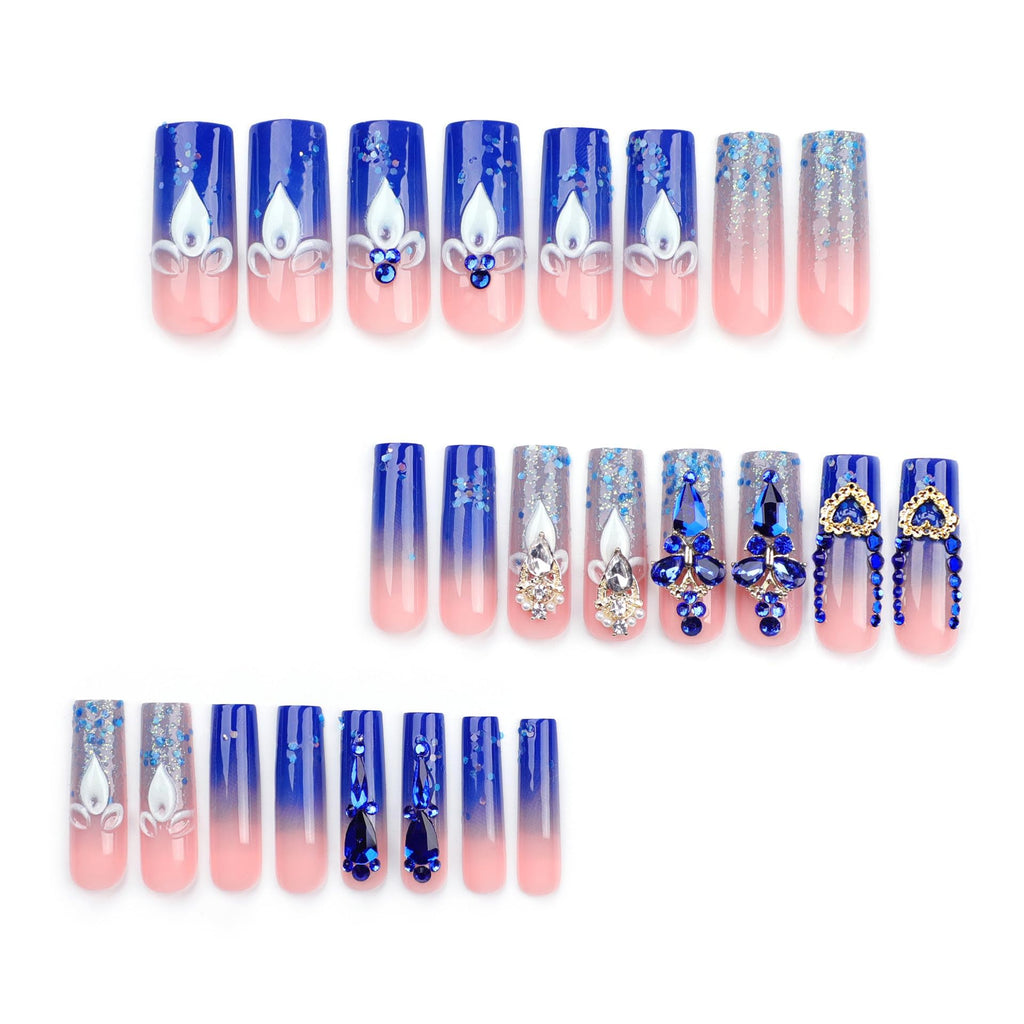 Royal Blue Acrylic Faux Nails with Rhinestones