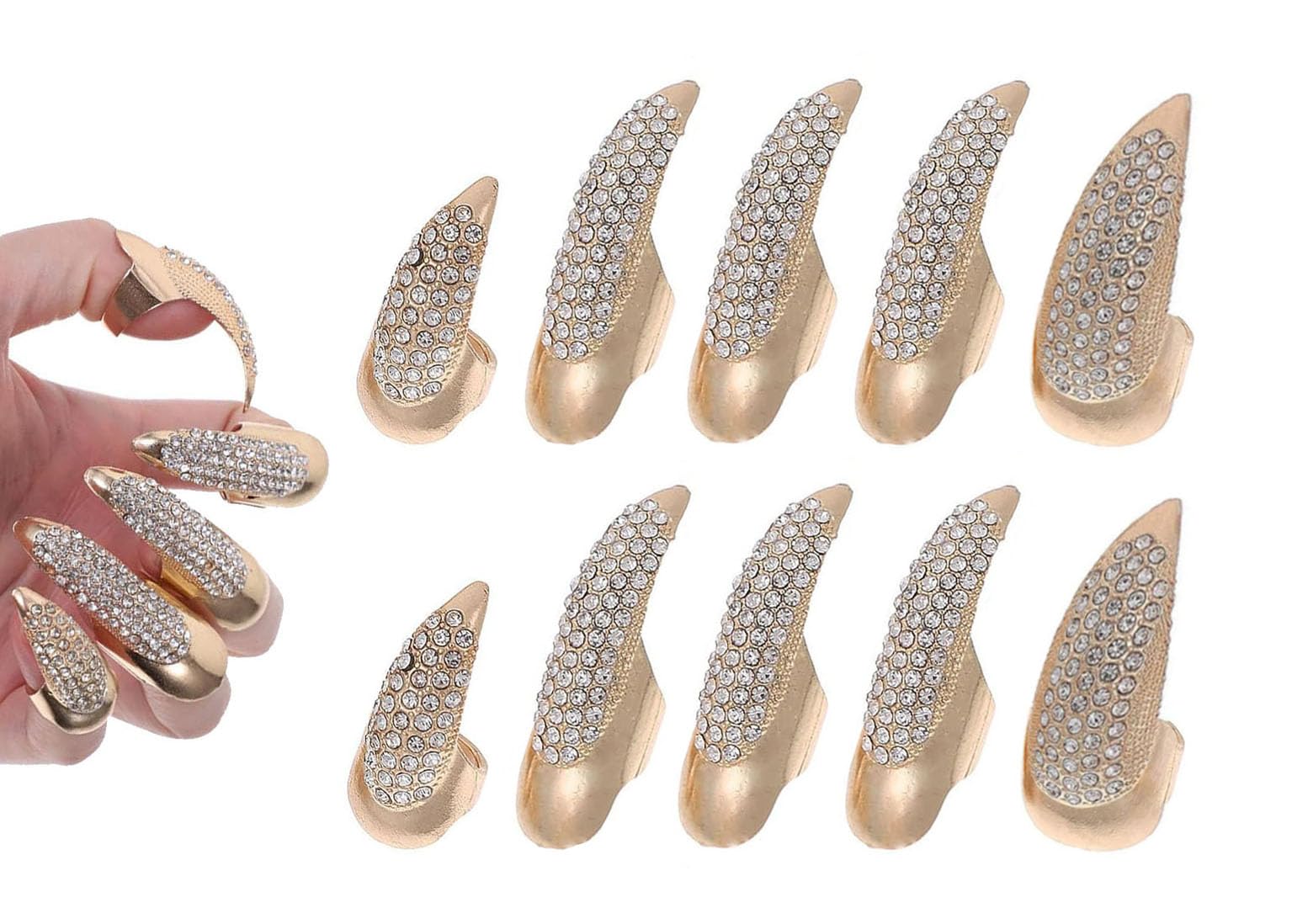 10 Pcs Gothic Punk Cosplay Sparkling Crystals Fingertip Claw Nails, 3 Sizes - Black