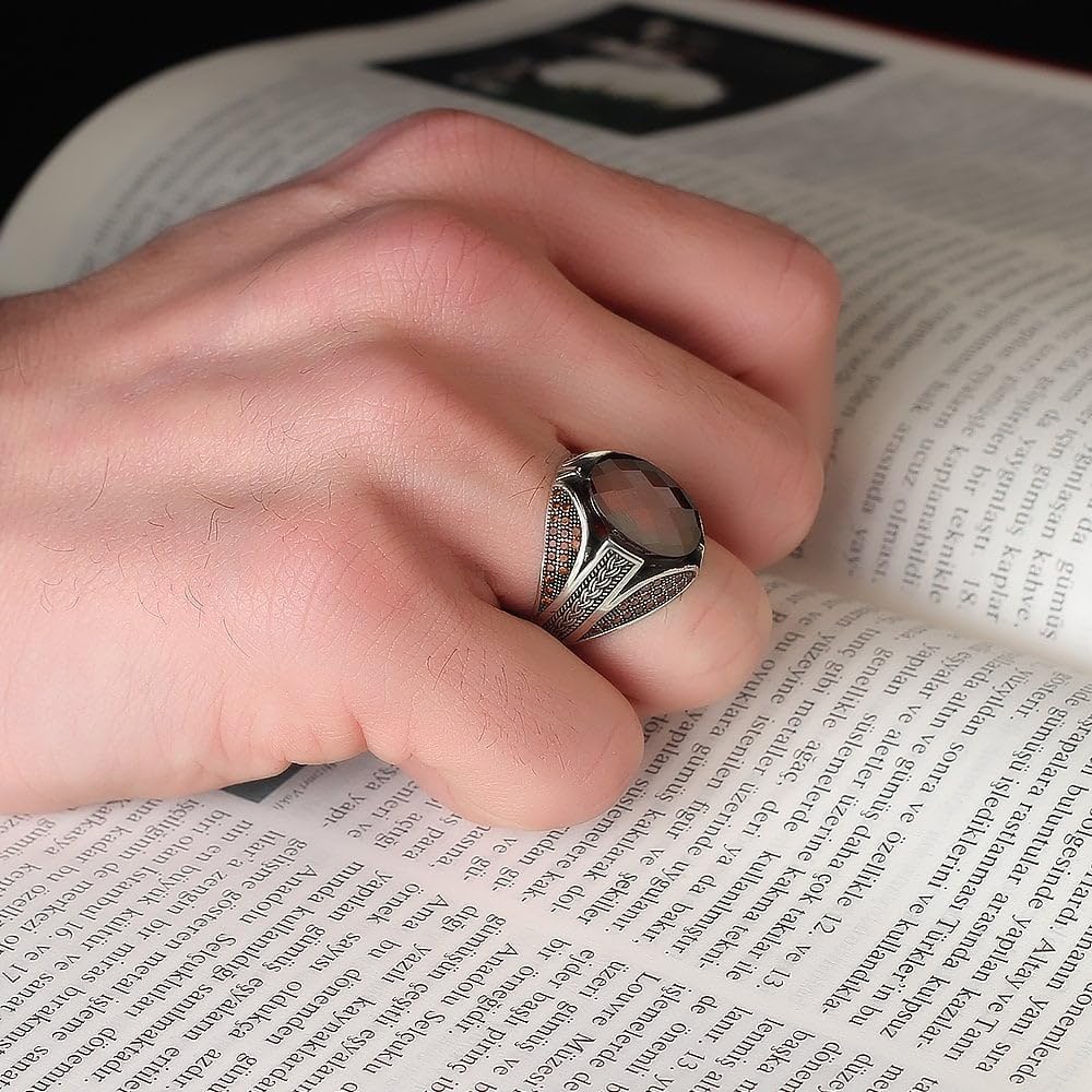 925 Sterling Silver Men's Garnet Stone Ring - Handmade,
