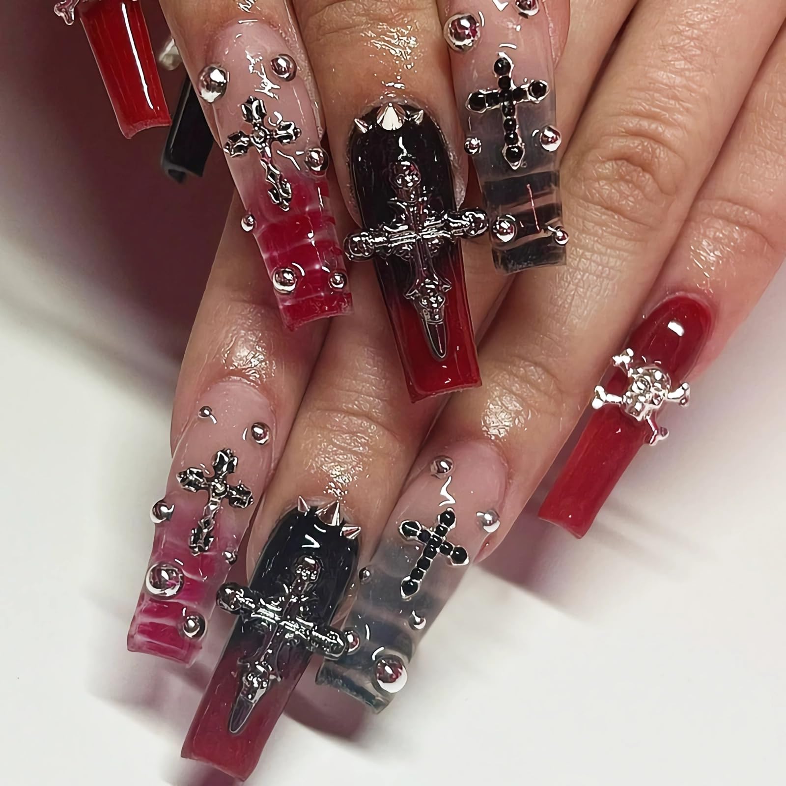 Goth Long Square Acrylic Gothic Y2K Cross Design Press On Nails