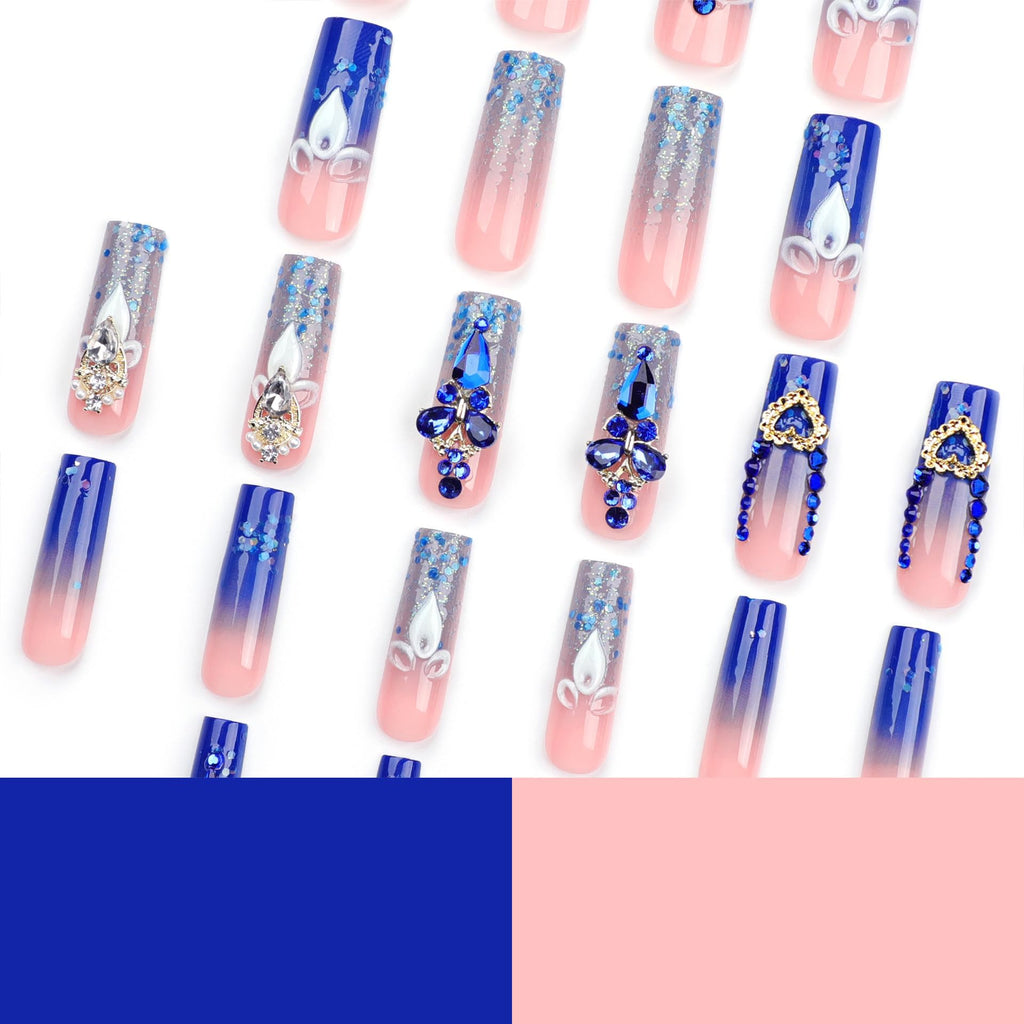 Royal Blue Acrylic Faux Nails with Rhinestones