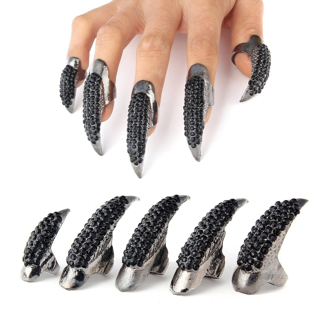 10 Pcs Gothic Punk Cosplay Sparkling Crystals Fingertip Claw Nails, 3 Sizes - Black