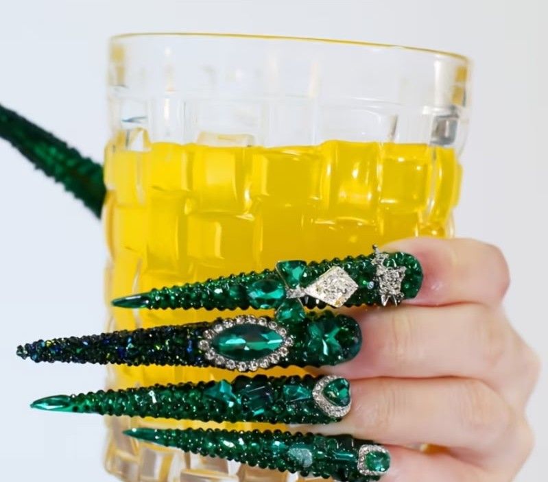 Emerald Rhinestone Press on Claw Nails