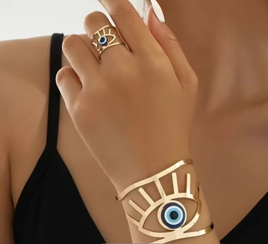 Gold Evil Eye Ring and Bracelet