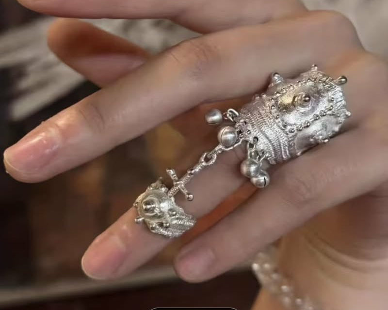 Silver Dangle Bell and Cross Ring