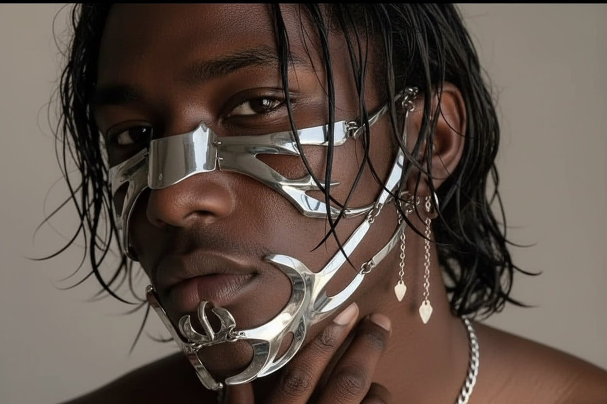 Afrofuturistic Silver  Metal Unisex Face Jewelry