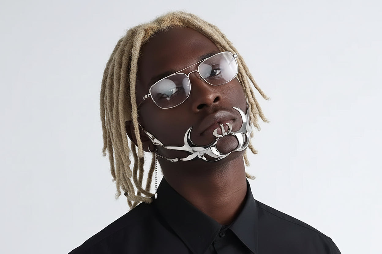 Afrofuturistic Silver  Metal Unisex Face Jewelry